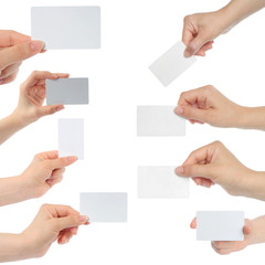 Hands hold business cards on white background