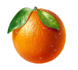 Orange fresh fruit with two leaves and water droplets, on white