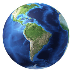 Earth globe, realistic 3 D rendering. South America view.