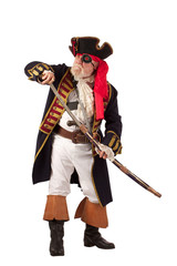 Classic pirate captain in authentic looking costume, standing an
