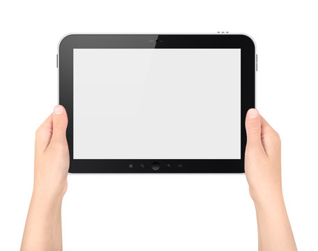 Holding Digital Tablet PC In Hands Isolated