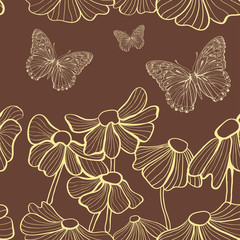 decorative yellow flowers and butterfly  seamless pattern