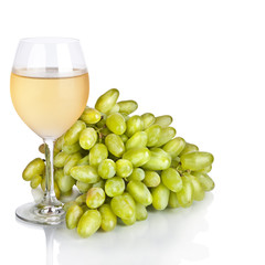 glass of wine and grape isolated on white background