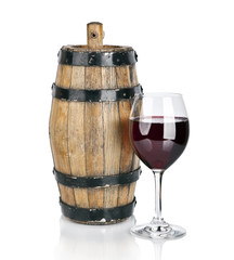 red wine and wooden barrel isolated