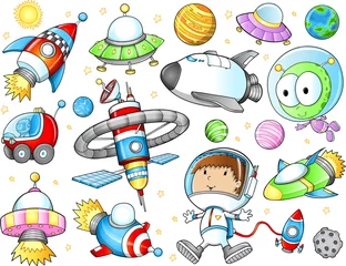 Tuinposter Outer Space Spaceships and Astronaut Vector Set © Blue Foliage