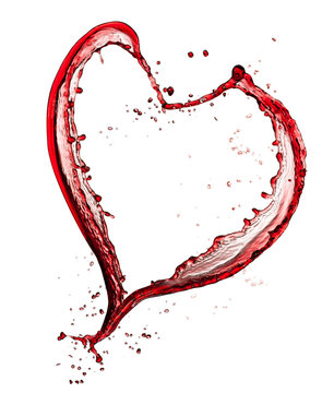 Heart symbol made of red wine, isolated on white background