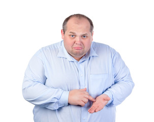 Unhappy Fat Man in a Blue Shirt