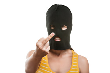 Woman in balaclava showing middle finger hand gesture