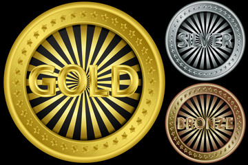 Fototapeta na wymiar Golden, silver and bronze empty coins, vector illustration