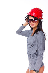 Fototapeta premium Portrait of beautiful worker posing on white background