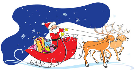 Santa Claus in sledge, Christmas gifts, deers, snowflakes