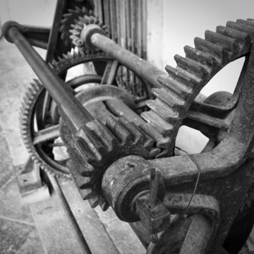 Gears Of An Old Manual Rotary Printing Press