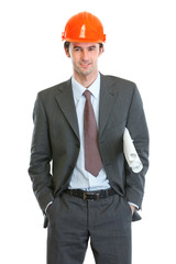 Portraits of happy architect with design plans