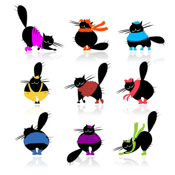 Funny black fat cats silhouettes in fashion clothes
