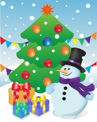 snowman and gifts at Christmas tree