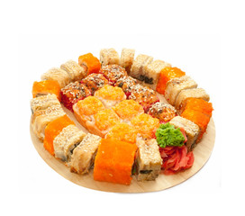 sushi rolls in range on the desk isolated on white