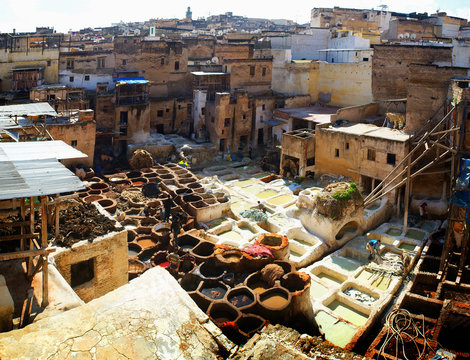 Dye reservoirs in tannery in Fes, Morocco