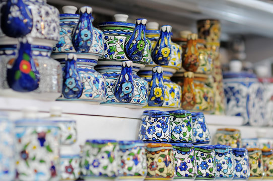 Shop stands with traditional Israeli souvenirs