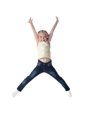 Happy blonde girl in jeans jumping