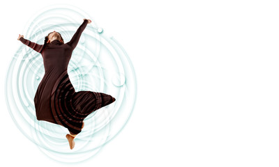 Girl in color dress dancing.Collage