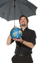 Fototapeta premium Mann mit Regenschirm
