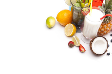 Exotic alcohol drinks set with fruits