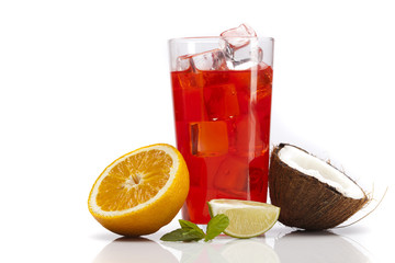 Exotic alcohol drinks set with fruits