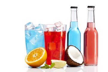 Exotic alcohol drinks set with fruits
