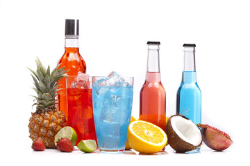 Exotic alcohol drinks set with fruits