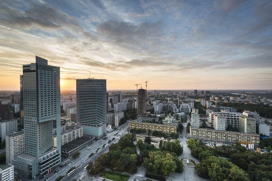 Fototapeta Modern buildings in Warsaw during sundown