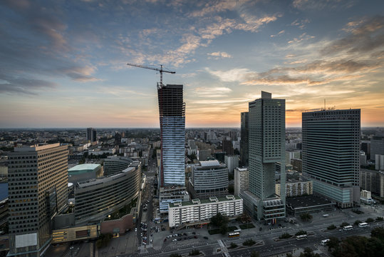 Panoramic view of Warsaw city during sundown.