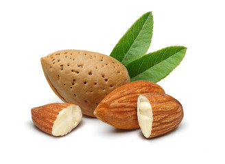 Almonds with leaves isolated on white background