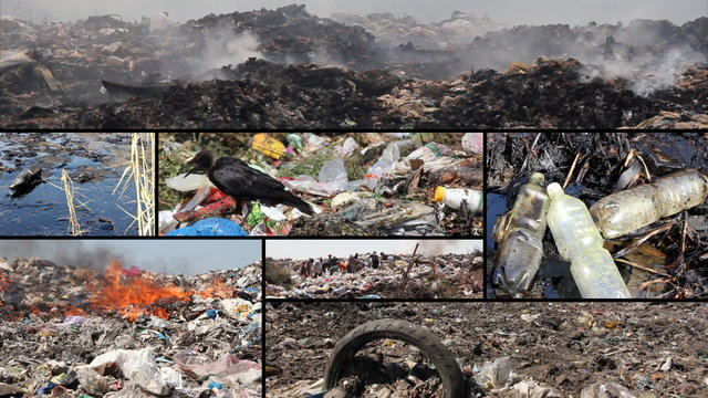 Pollution, dumping of garbage in city, split screen