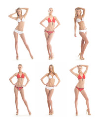 Six young and fit blond Caucasian women posing in swimsuit