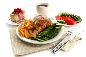 Roast chicken cutlet with boiled potatoes and  vegetables, cup