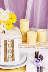 Serving fabulous wedding table in purple and yellow color