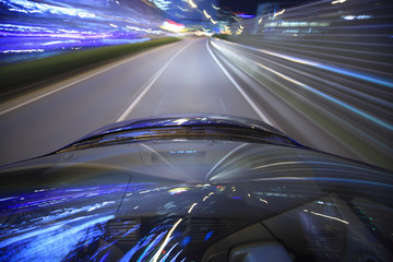 Speed drive on car at night motion blurred