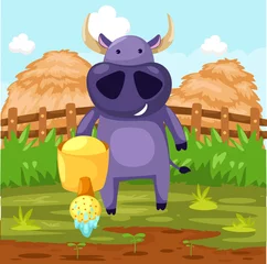 Selbstklebende Fototapete Bauernhof Büffel mit Gießkanne