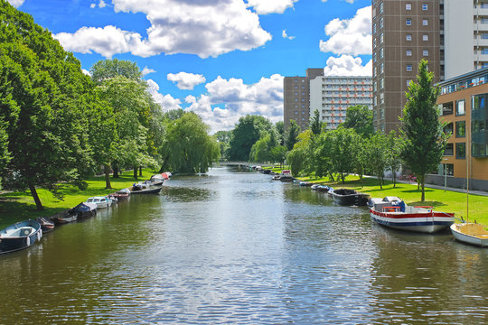Boats on  canal in  park in Amsterdam. Netherlands
