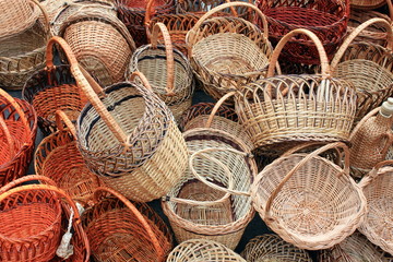 many beautiful wooden wicker baskets