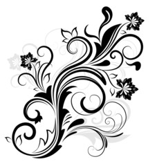 Black and white floral design element isolated on white.