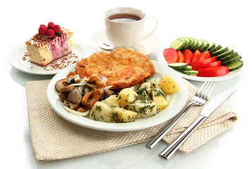Roast chicken cutlet with boiled potatoes and  vegetables, cup