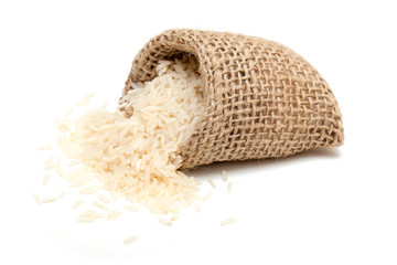 basmati rice in a burlap bag