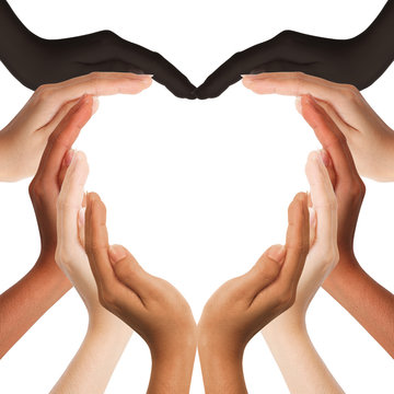 multiracial human hands making a heart shape
