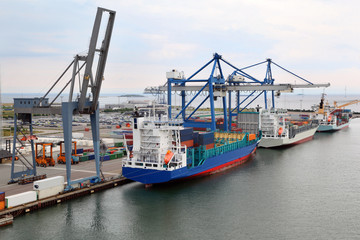 Three big cargo ships in Copenhagen seaport, Denmark