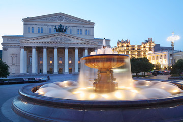 Bolshoi Theatre (Great Theater) and fountain at evening