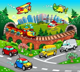 Wall murals Aircraft, balloon Funny vehicles in the city. Cartoon and vector illustration.