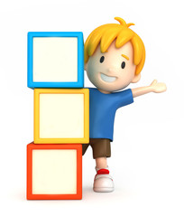 3d render of a boy and blank building blocks