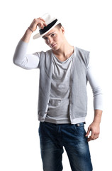 Young man portrait with hat on white background.