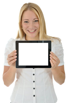 Junge Frau mit Tablet-PC, leeres Display